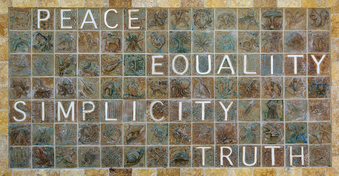 Tiles representing the testimonies of Peace, Equality, Simplicity and Truth Tiles representing the testimonies of Peace, Equality, Simplicity and Truth